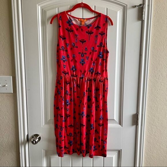 Joe Fresh Red Floral Print Sleeveless Gathered Midi A Line Dress SZ M BNWT - Picture 1 of 6
